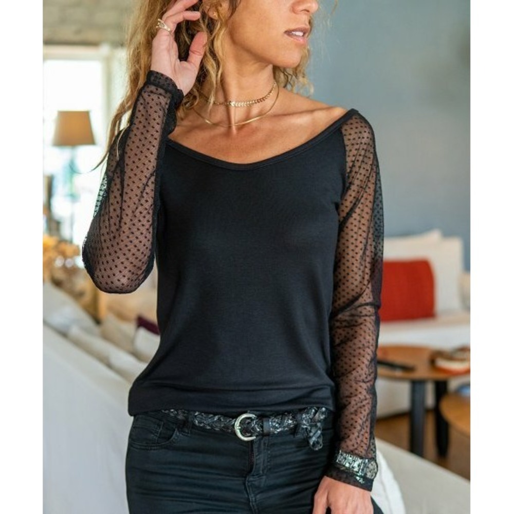 CCK Style Women Black Swiss Dot-Sleeve Boatneck Top Size XL